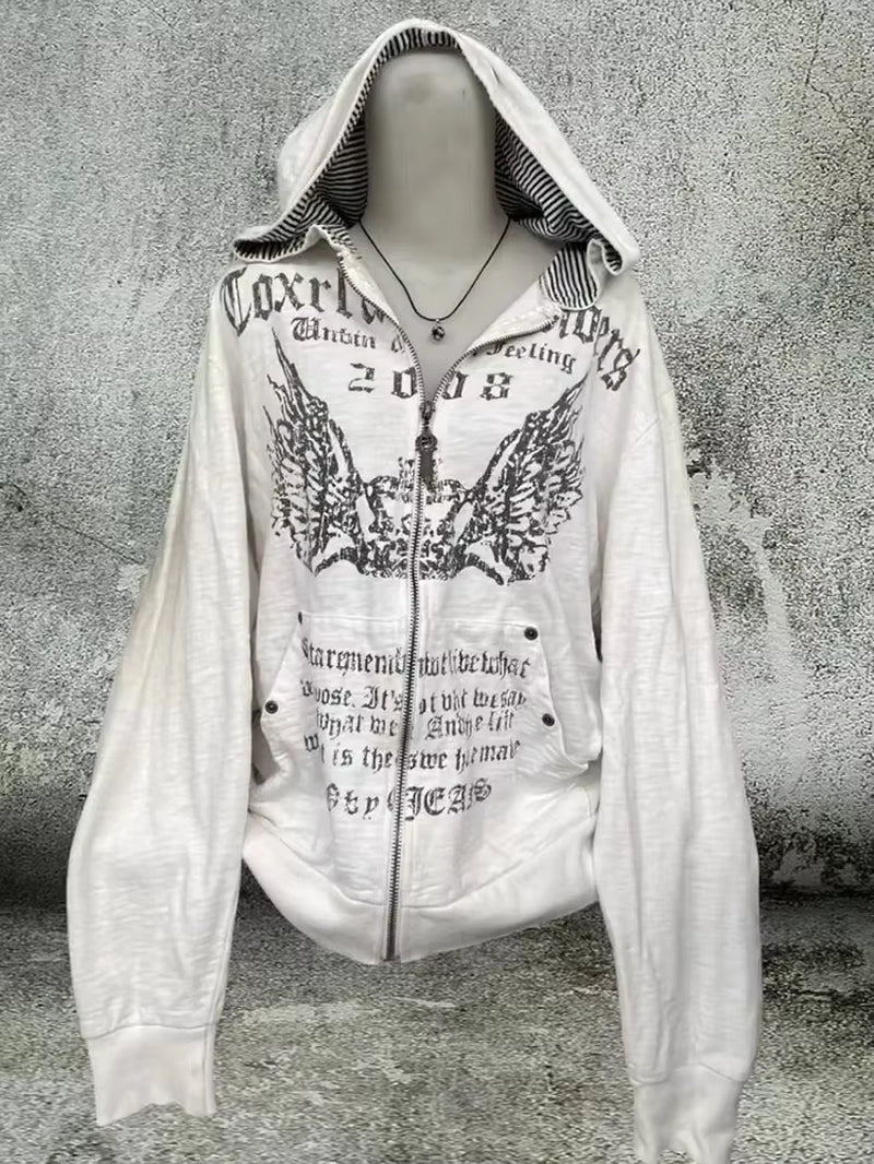 American Street Hip Hop Joker Fur Collar Zipper Hoodie Women Harajuku Y2K New Fashion Vintage Sweatshirt Unisex Punk Warm Hoodie