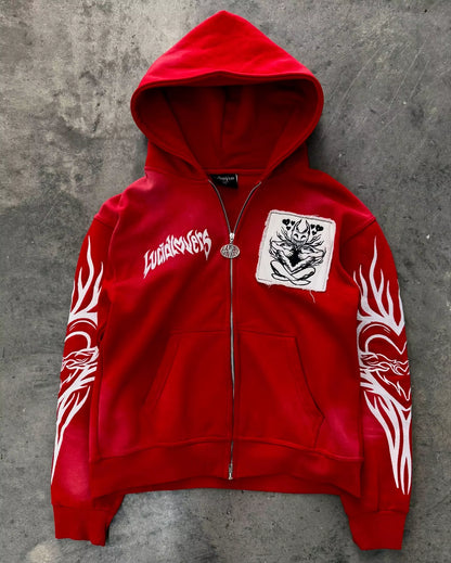 American Street Hip Hop Joker Fur Collar Zipper Hoodie Women Harajuku Y2K New Fashion Vintage Sweatshirt Unisex Punk Warm Hoodie