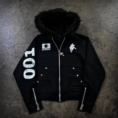 American Street Hip Hop Joker Fur Collar Zipper Hoodie Women Harajuku Y2K New Fashion Vintage Sweatshirt Unisex Punk Warm Hoodie