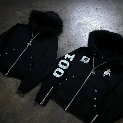 American Street Hip Hop Joker Fur Collar Zipper Hoodie Women Harajuku Y2K New Fashion Vintage Sweatshirt Unisex Punk Warm Hoodie